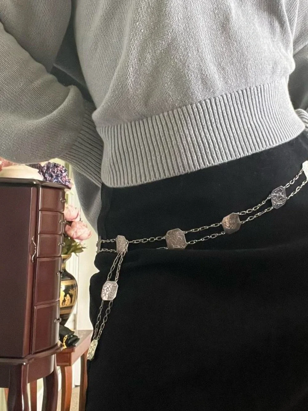 Vintage Chinese export silver floral engraved metal panel belt